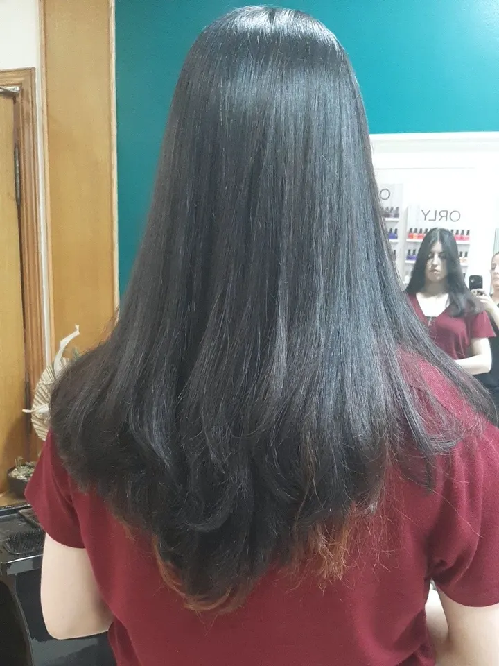 Cheveux longs lissés, au salon
